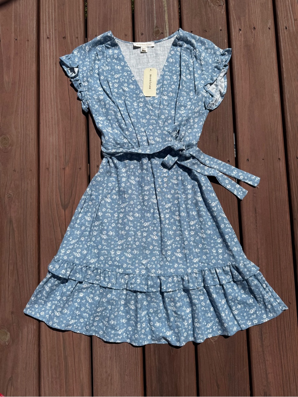 Monteau Blue Floral Tie-Waist Mini Dress